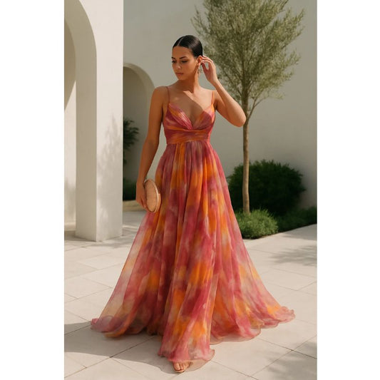 Floor Length Maxi Dress with V Neckline and Fitted Bodice, Abstract Multicolor Pattern