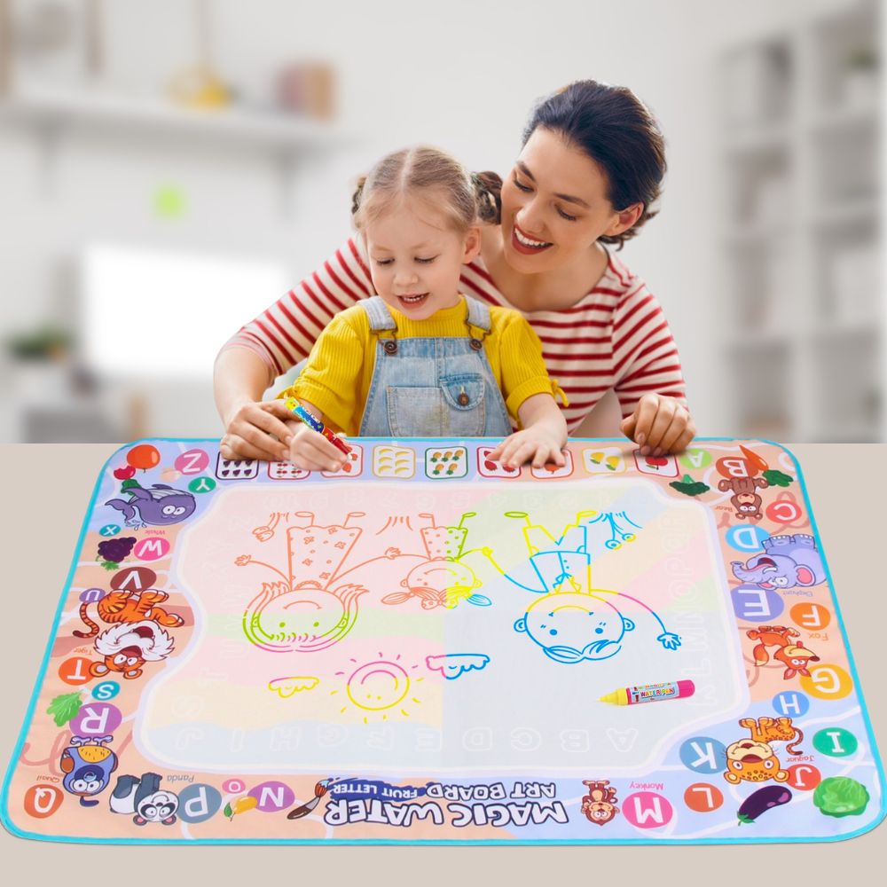 Reusable Water Drawing Mat with Dual Water Pens and Shape Templates for Kids