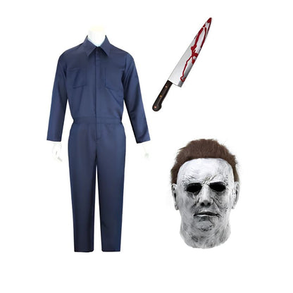 Horror Character Costume Set with Full Face Mask and Jumpsuit for Adults