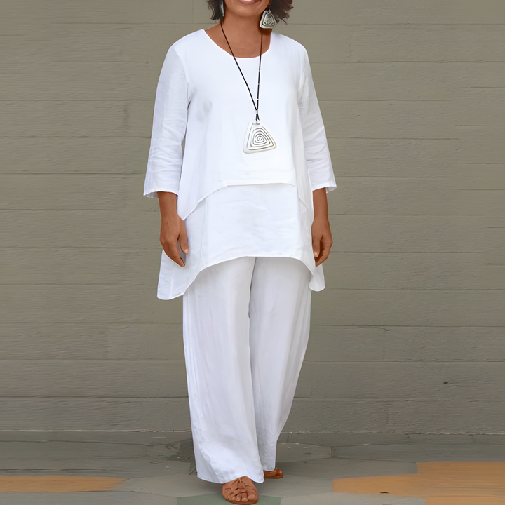 Woven Linen Two Piece Set with Short Sleeve Top and Matching Bottoms for Women