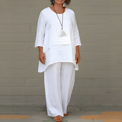 Woven Linen Two Piece Set with Short Sleeve Top and Matching Bottoms for Women