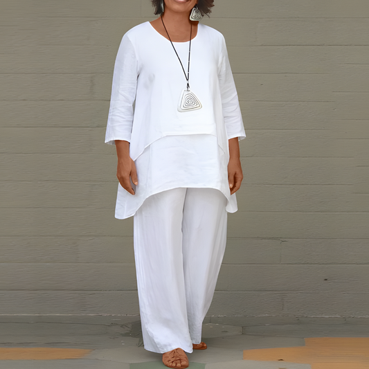 Woven Linen Two Piece Set with Short Sleeve Top and Matching Bottoms for Women
