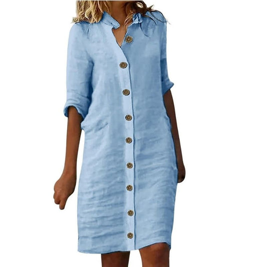 Linen Blend Midi Dress with Sleeveless Design and Loose Fit, Round Neckline