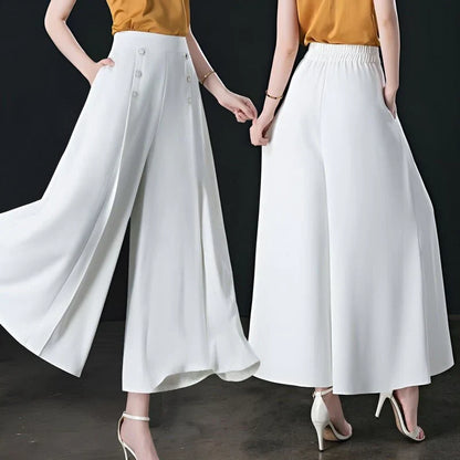 Wide Leg Pants with Pleated Front and Elastic Waistband, Wrinkle Resistant Cotton Blend