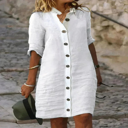 Linen Blend Midi Dress with Sleeveless Design and Loose Fit, Round Neckline