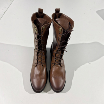 Lace-Up Ankle Boots for Women with Collapsible Cuff and Treaded Sole, Retro Inspired