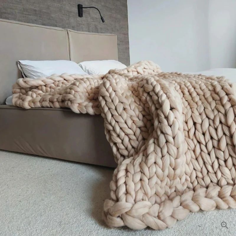 Hand Knitted Wool Blanket with Open Weave and Temperature Regulation