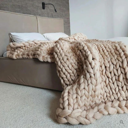 Hand Knitted Wool Blanket with Open Weave and Temperature Regulation