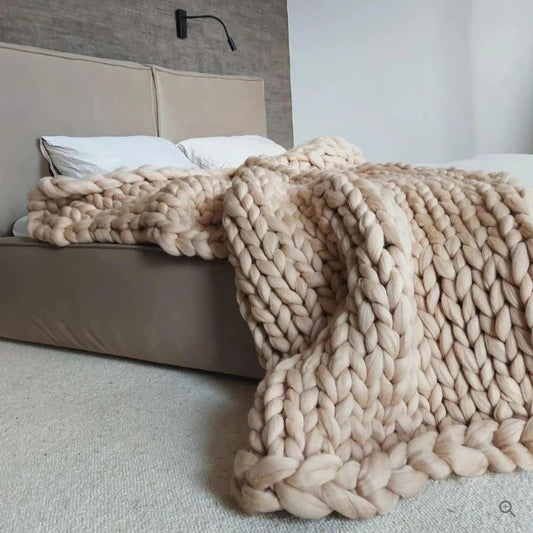 Hand Knitted Wool Blanket with Open Weave and Temperature Regulation