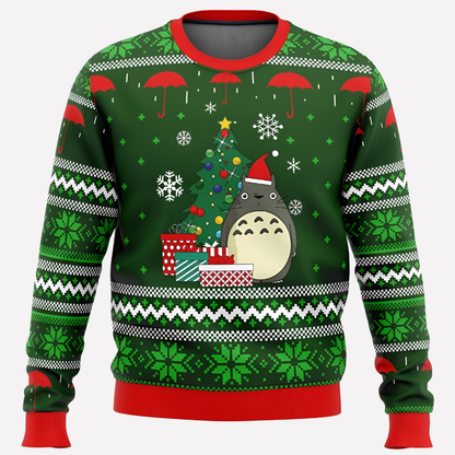 Unisex Crew Neck Sweater with Bright Neon Reindeer and Snowflake Pattern