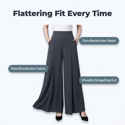 Wide Leg Pants with Pleated Front and Elastic Waistband, Wrinkle Resistant Cotton Blend