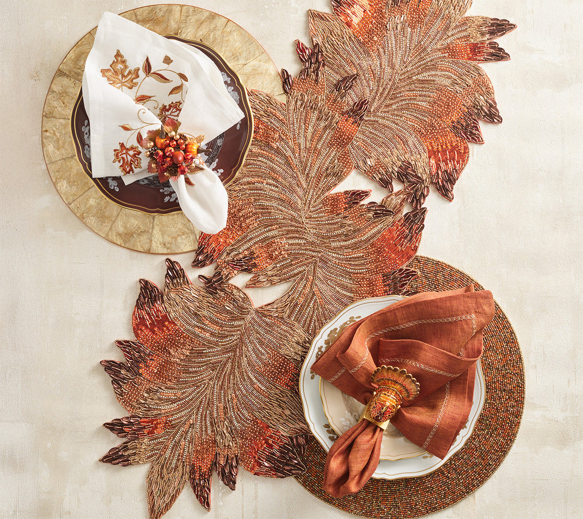 Harvest Cornucopia Napkin Ring Set with Raised Berries and Pumpkins, Pack of 4