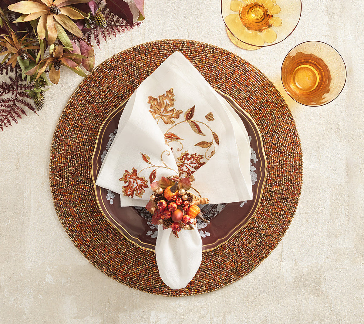 Harvest Cornucopia Napkin Ring Set with Raised Berries and Pumpkins, Pack of 4
