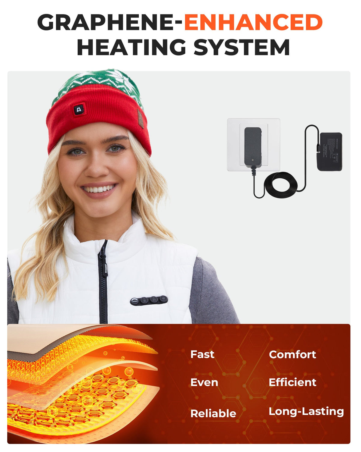 Rechargeable Heated Knit Beanie Hat with Dual Heating Pads and 3 Heat Modes for Winter