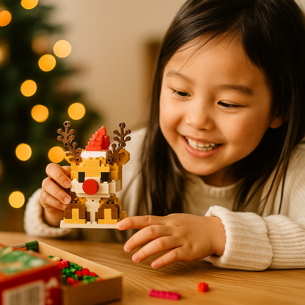 Building Block Christmas Figures with Interlocking Snap Pieces and Assembly Guide