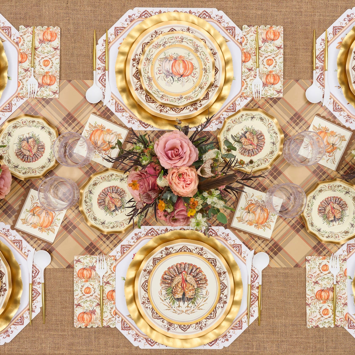 Disposable Paper Plates with Turkey and Pumpkin Design for Thanksgiving Dining
