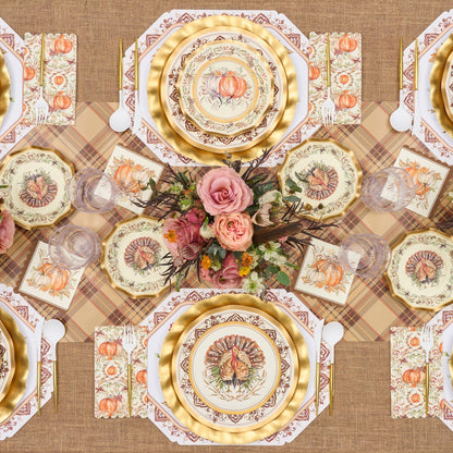 Disposable Paper Plates with Turkey and Pumpkin Design for Thanksgiving Dining