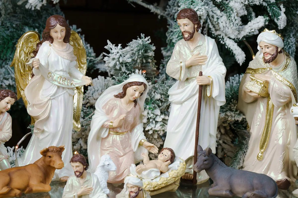 Eleven Piece Blush Pink and Ivory Resin Nativity Set with a Gloria Angel and Pearl Finish in Three Heights