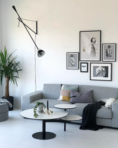 Adjustable Wall Lamp with Extended Arm and Rotating Shade, Cast Iron Counterweight