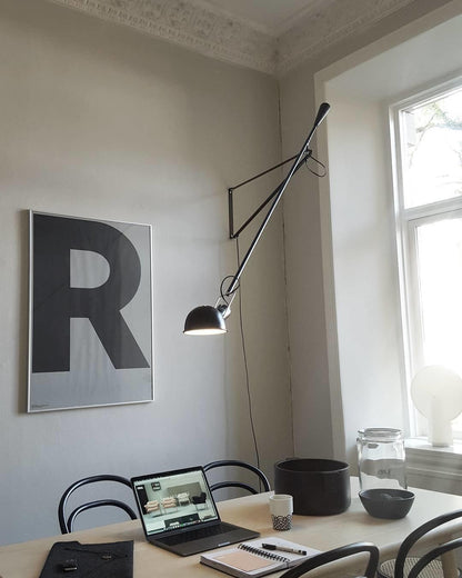 Adjustable Wall Lamp with Extended Arm and Rotating Shade, Cast Iron Counterweight