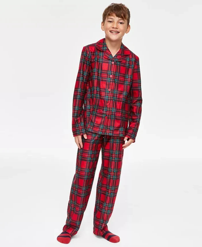 Matching Plaid Pajama Set for Kids with Collared Button Shirt and Elastic Waist Pants