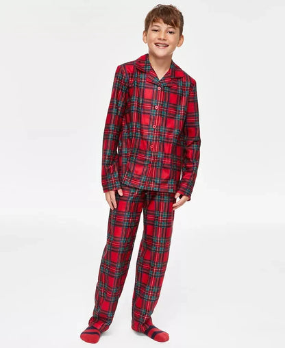 Matching Plaid Pajama Set for Kids with Collared Button Shirt and Elastic Waist Pants