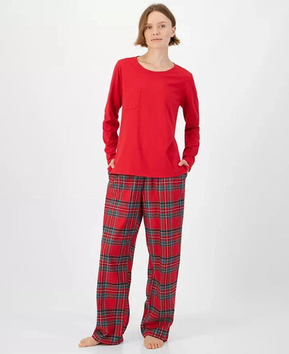 Cotton Plaid Pajamas with Slip Over Crewneck Top and Tie Waist Pants in 7 Sizes