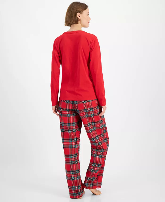 Cotton Plaid Pajamas with Slip Over Crewneck Top and Tie Waist Pants in 7 Sizes