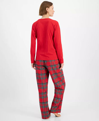 Cotton Plaid Pajamas with Slip Over Crewneck Top and Tie Waist Pants in 7 Sizes