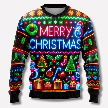 Unisex Crew Neck Sweater with Bright Neon Reindeer and Snowflake Pattern