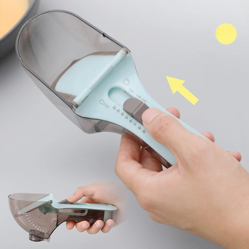 Adjustable Measuring Cup and Spoon Set with Sliding Lock Mechanism and Magnetic Storage