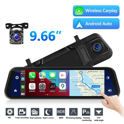 Mirror Dash Cam with Dual HD Recording and GPS Tracking, 9.66in Touchscreen