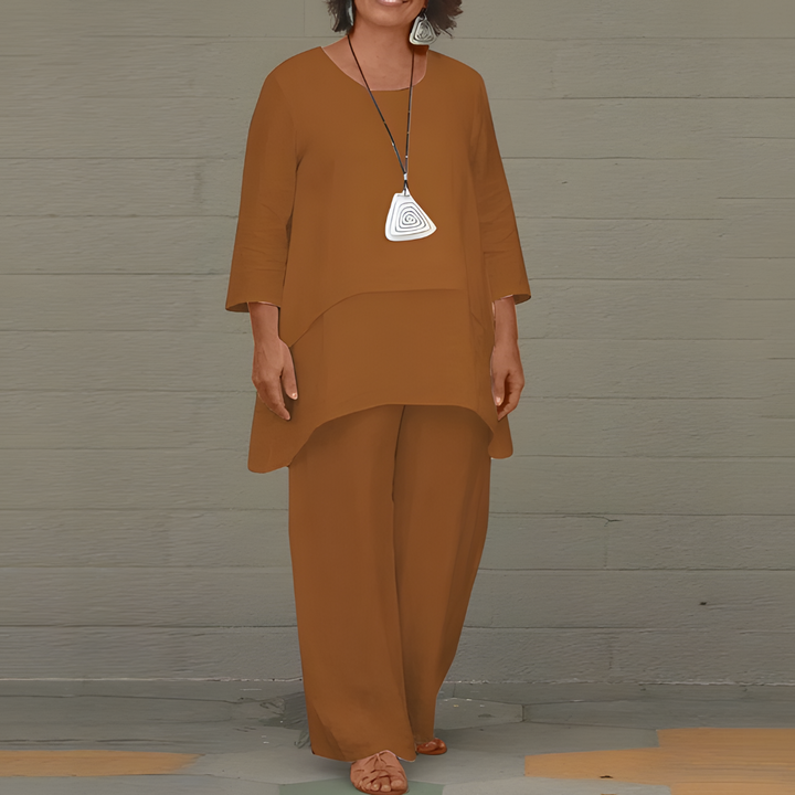 Woven Linen Two Piece Set with Short Sleeve Top and Matching Bottoms for Women