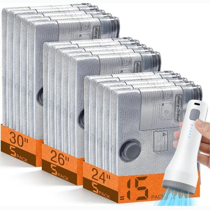 Vacuum Storage Bags with Wireless Pump, 15-Piece Set for Clothing and Bedding