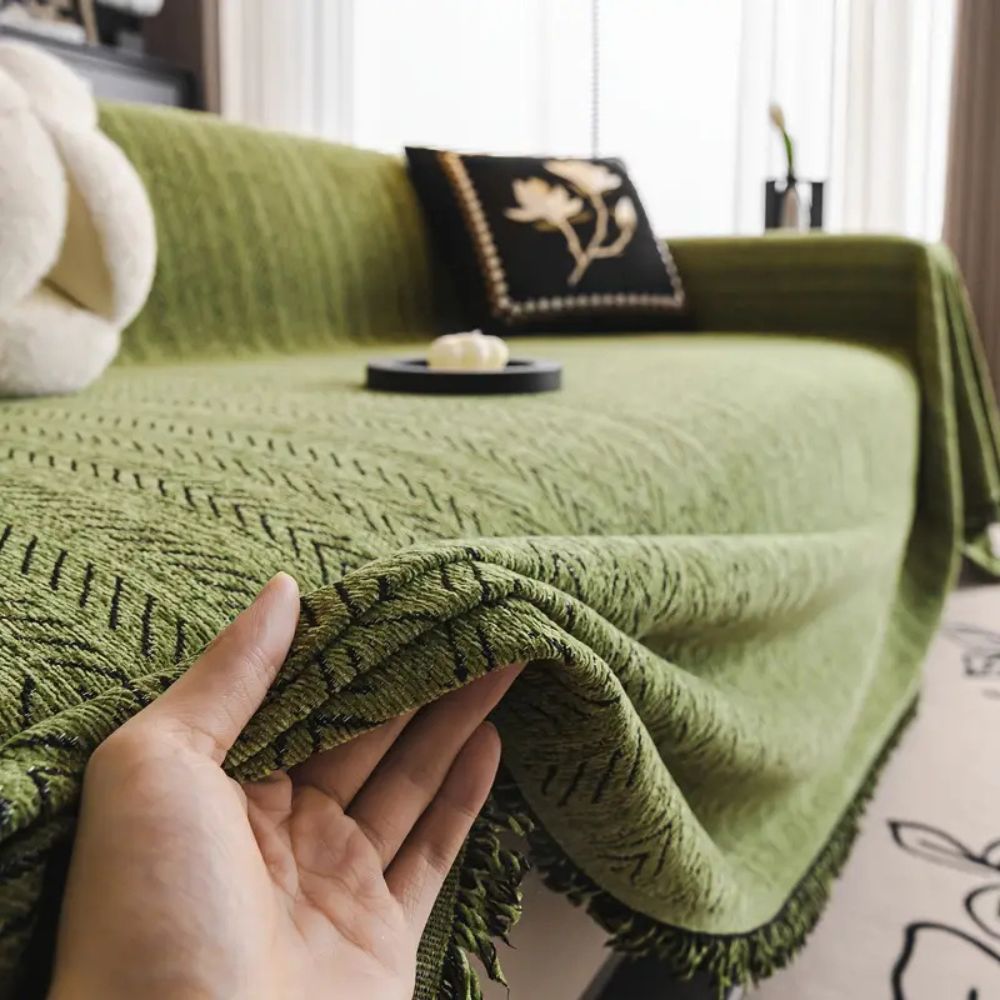 Microfiber Chenille Sofa Cover with Herringbone Weave and Tassel Trim