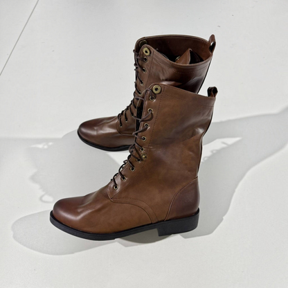 Lace-Up Ankle Boots for Women with Collapsible Cuff and Treaded Sole, Retro Inspired