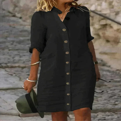 Linen Blend Midi Dress with Sleeveless Design and Loose Fit, Round Neckline