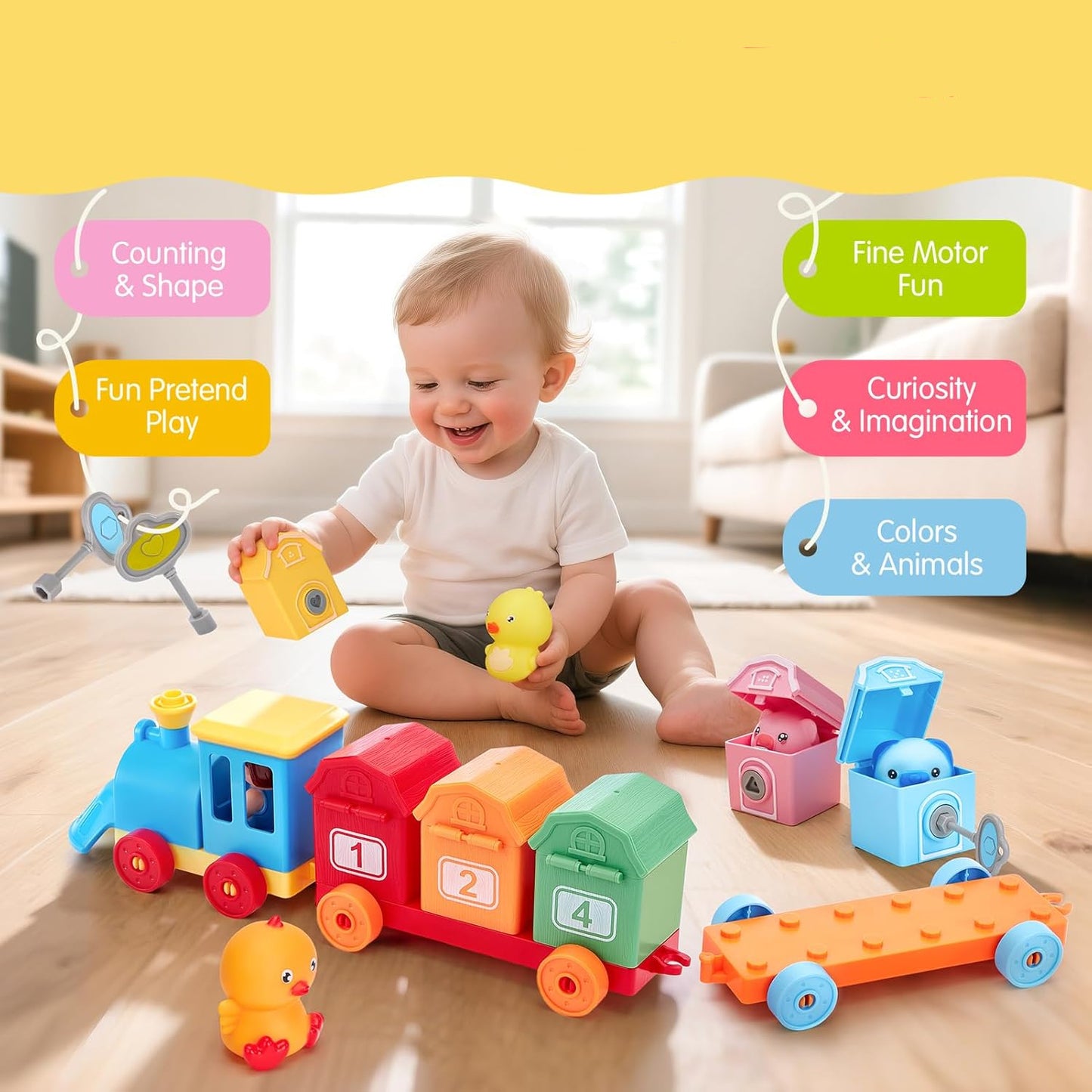 Wooden Train Set with Farm Animals and Numbered Cars for Counting and Sorting Activities