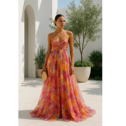Floor Length Maxi Dress with V Neckline and Fitted Bodice, Abstract Multicolor Pattern