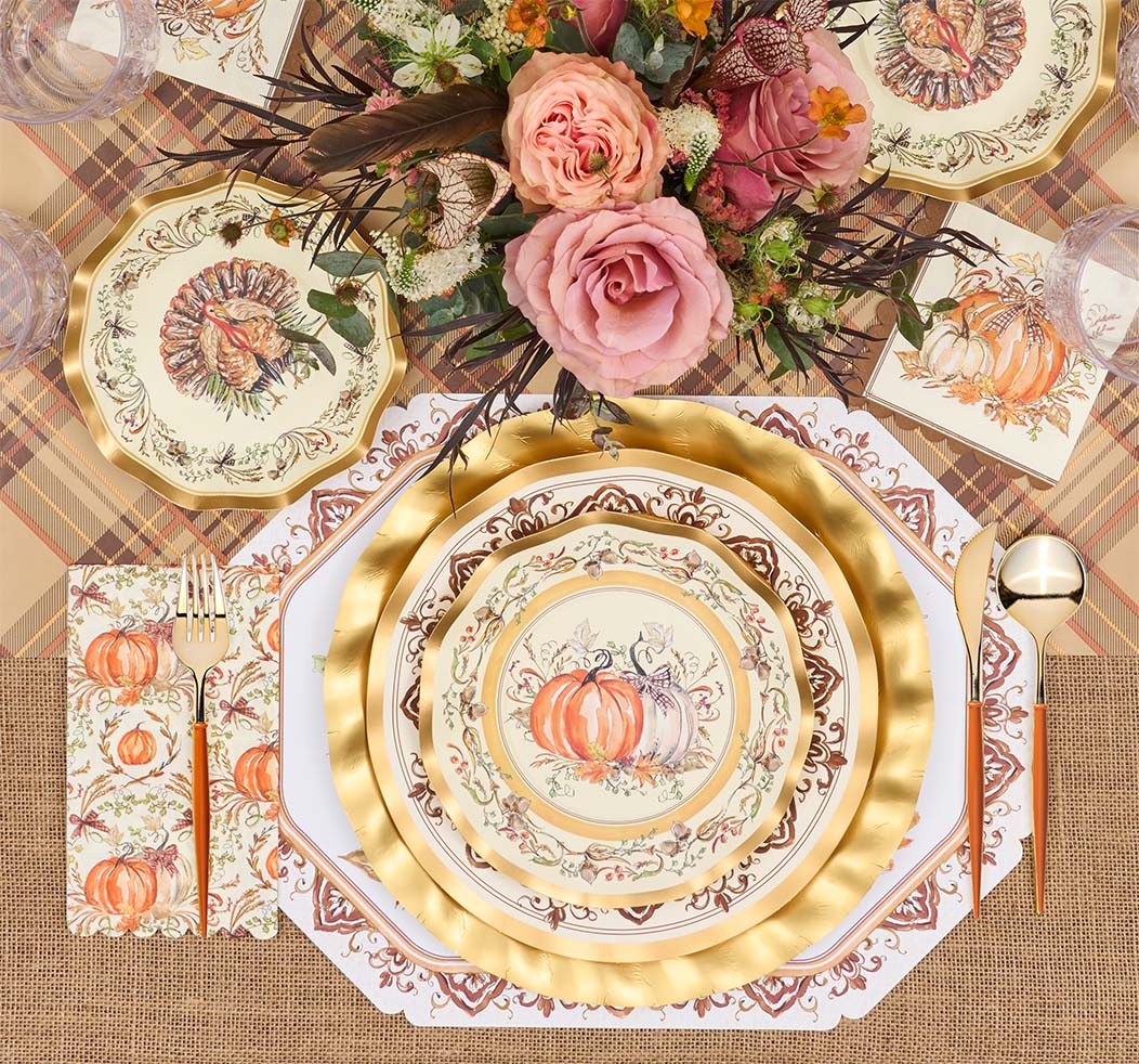 Disposable Paper Plates with Turkey and Pumpkin Design for Thanksgiving Dining