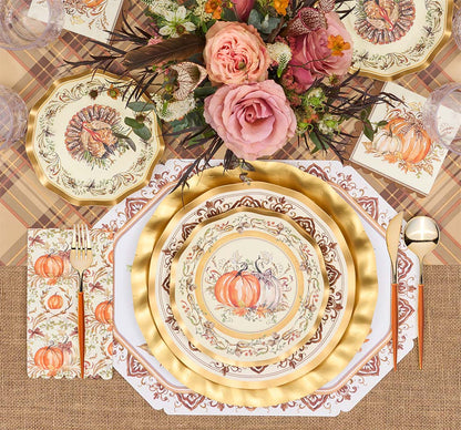 Disposable Paper Plates with Turkey and Pumpkin Design for Thanksgiving Dining