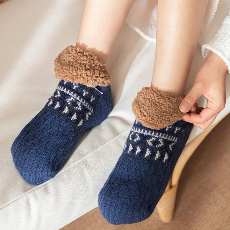 Knit Snow Pattern Socks with a Fleece Lining and Non Slip Grips in Six Colors for Winter