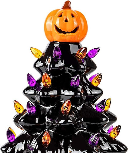 LED Ceramic Tree with Purple and Orange Beads, Battery-Powered Holiday Decor