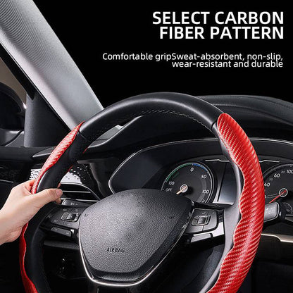 Steering Wheel Cover with Carbon Fiber Grip and Card Lock System, Textured Non Slip