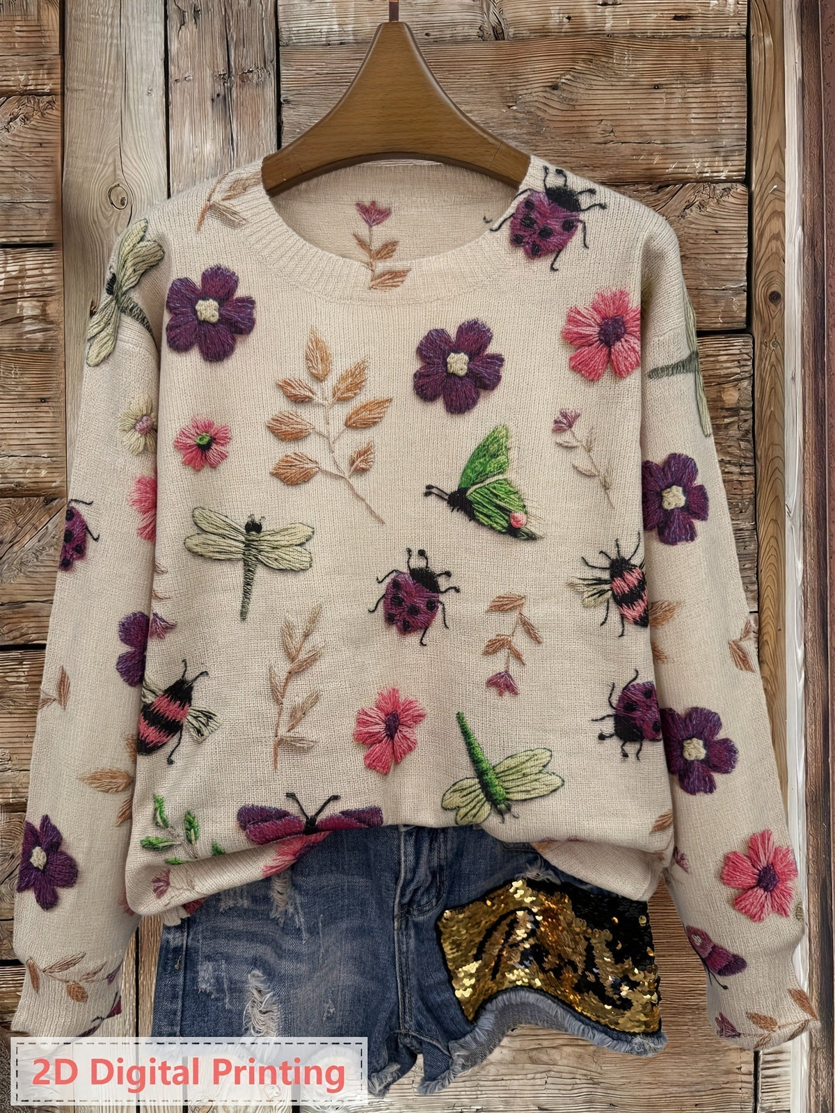 Womens Botanical Crewneck Sweater with Floral and Butterfly Print