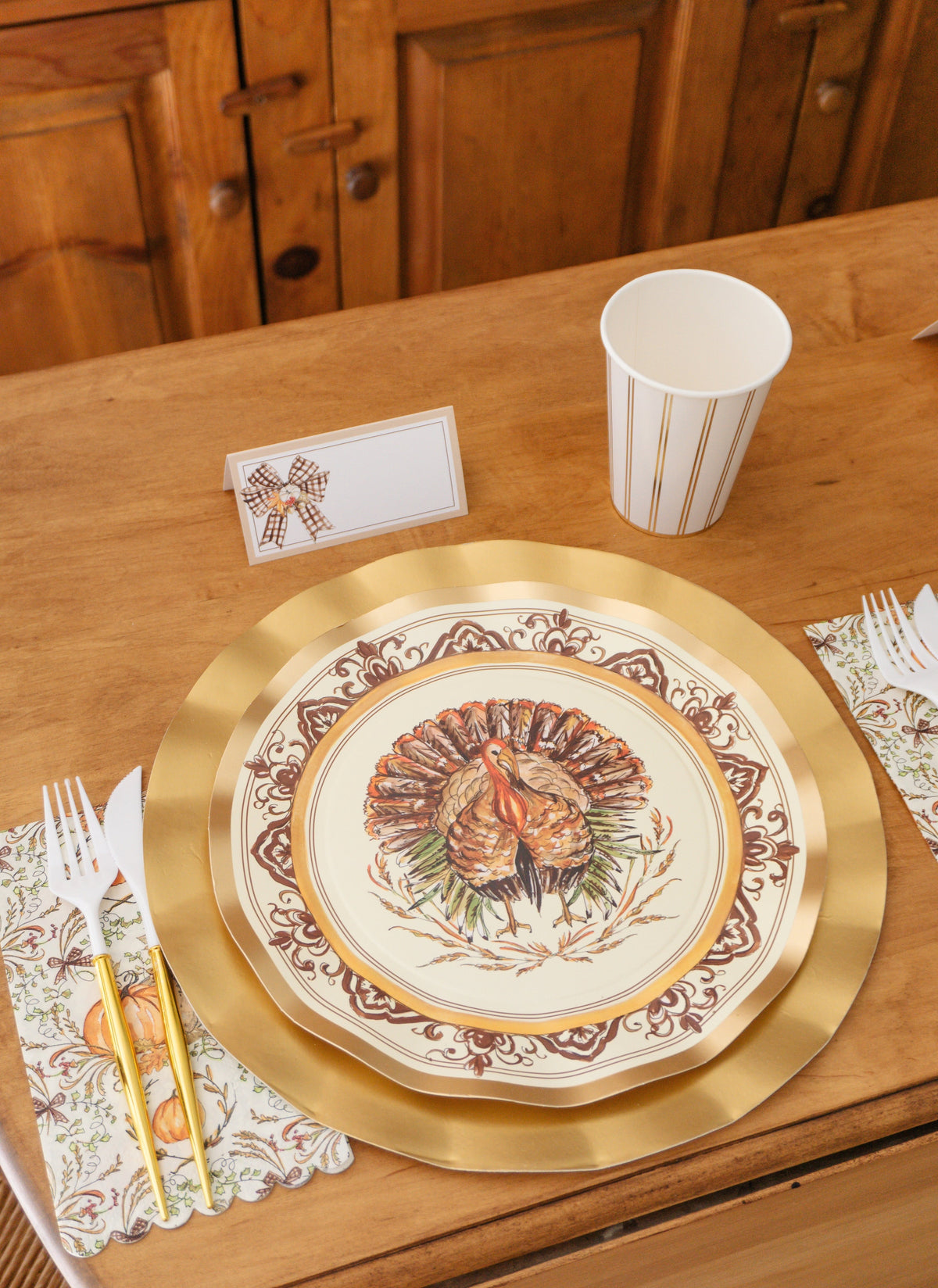 Disposable Paper Plates with Turkey and Pumpkin Design for Thanksgiving Dining
