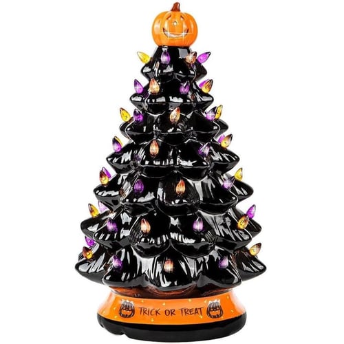 LED Ceramic Tree with Purple and Orange Beads, Battery-Powered Holiday Decor