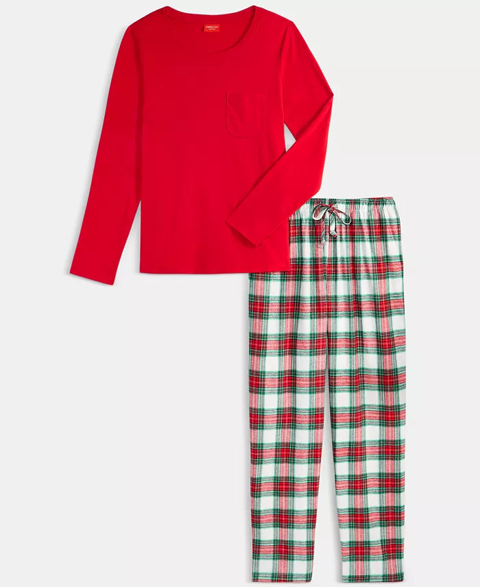 Womens Flannel Pajamas with Plaid Crewneck Top and Pocketed Drawstring Pants