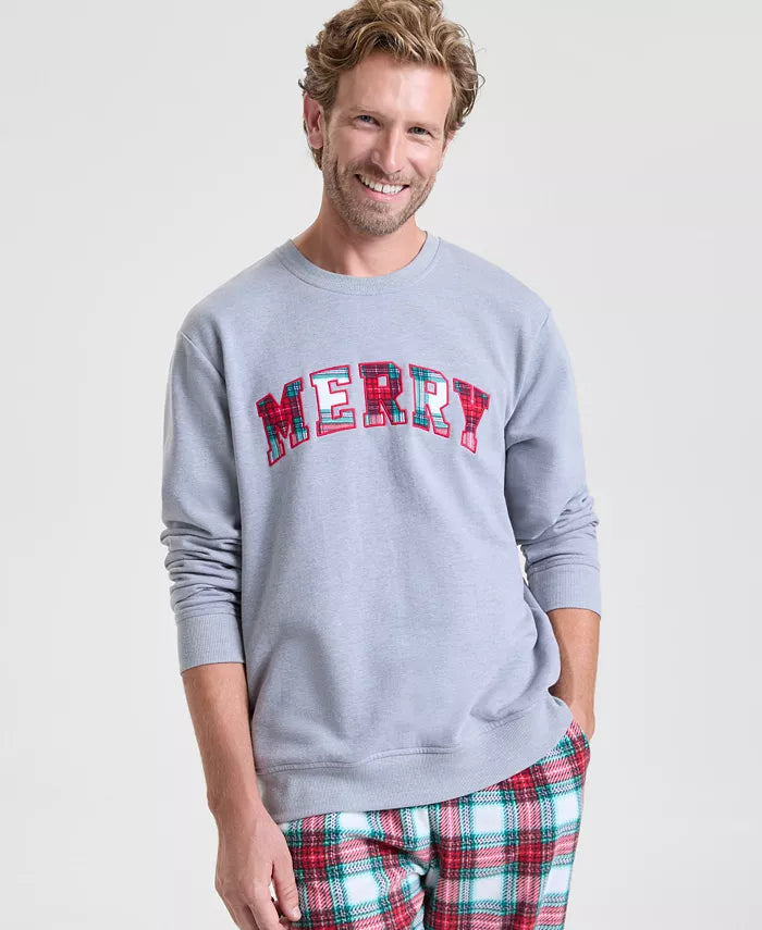 Long Length Holiday Sweatshirt with Plaid Merry Lettering and Crew Neck