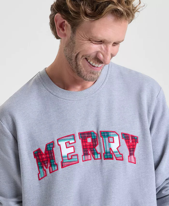 Long Length Holiday Sweatshirt with Plaid Merry Lettering and Crew Neck